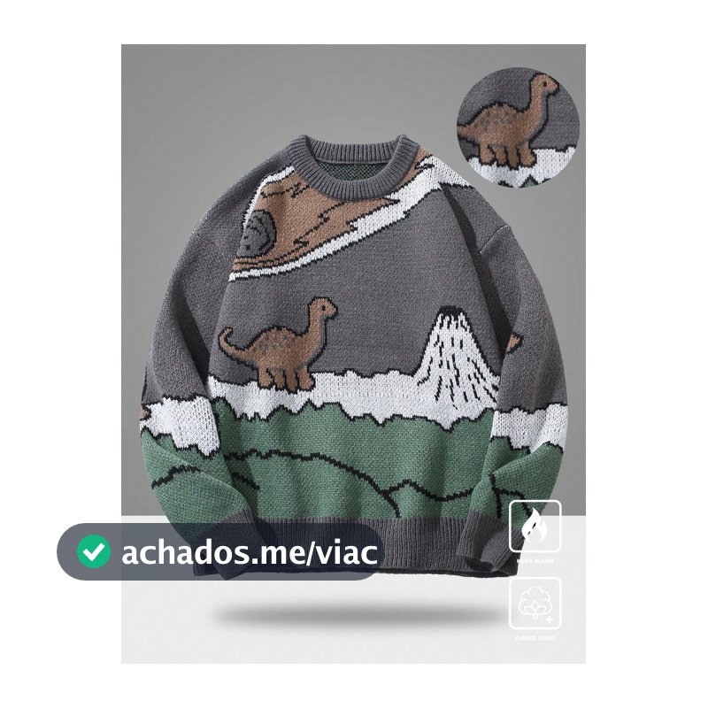 Manfinity Hypemode Suéter Casual de Inverno Masculino com Estampa de Dinossauro Cartoon, para Outono, Manga Longa