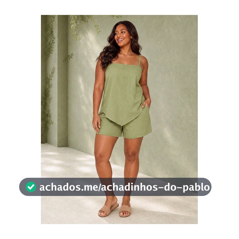 ELLERISSA Conjunto de Regata e Shorts em Linho Verde Plus Size