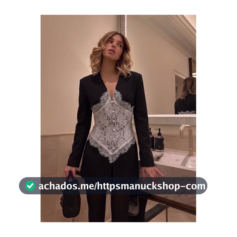 Blazer Casual Feminino com Patchwork de Renda em Cor Sólida, Novo Estilo de Primavera para Encontro à Noite e Escritório, Preto Outono