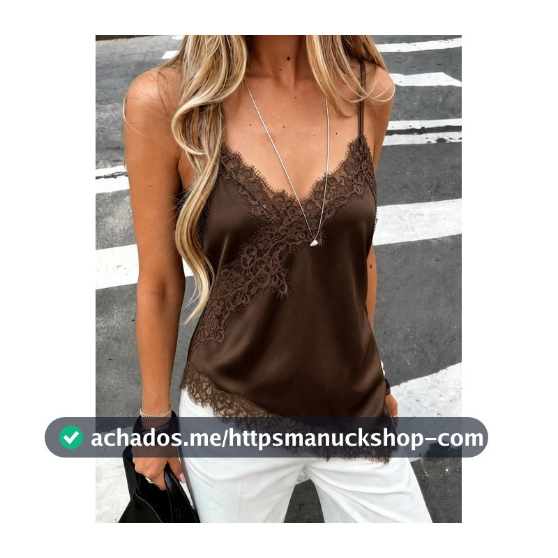 Regata Feminina de Cetim Macio com Decote em V, Bainha Assimétrica com Renda, Ajustada, Design de Renda Cílios Semitransparente Marrom, Casual Chique & Elegante para o Verão