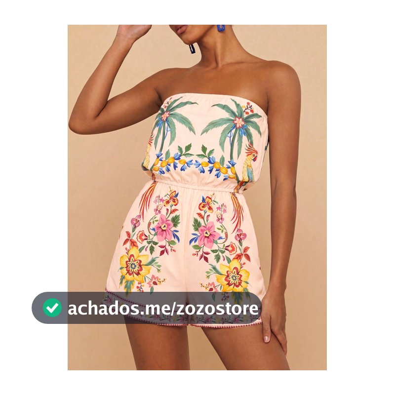 Travachic Macacão Bandeau Feminino com Estampa Floral de Coqueiro, Casual Tropical para Uso Diário, Passeios, Férias e Praia, Rosa Coral, Verão