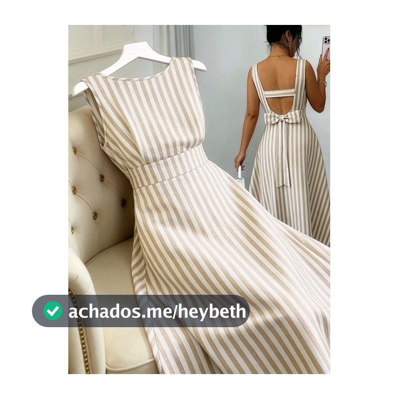 GlowEve CURVE Vestido Midi Feminino Plus Size Marrom Claro Listrado Sem Mangas Gola Redonda Costas Abertas Cintura Marcada Linha A, Férias Trabalho Encontro Verão Relaxado Versátil Uso Diário Fofo Doce