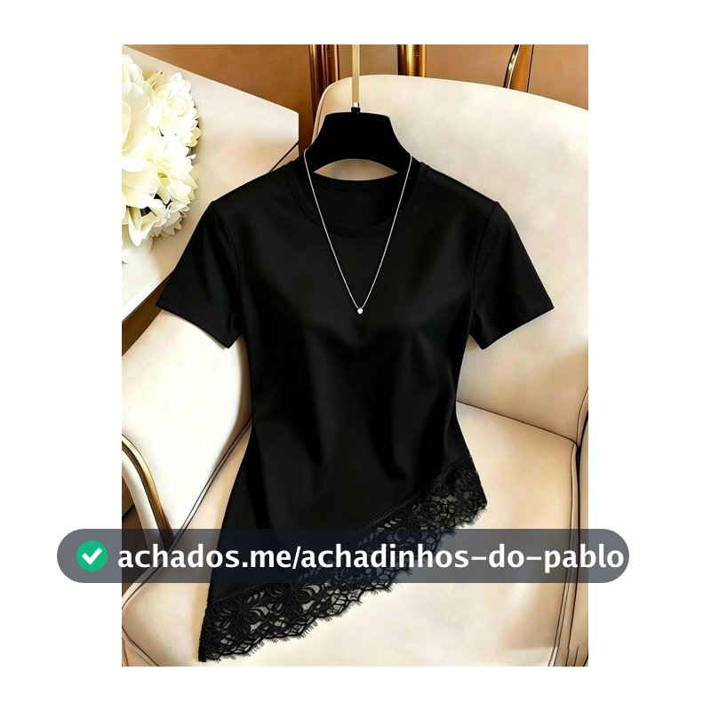 GlowEve Camiseta Feminina de Cor Sólida com Gola Redonda, Manga Curta e Barra de Renda, Estilo Fashion