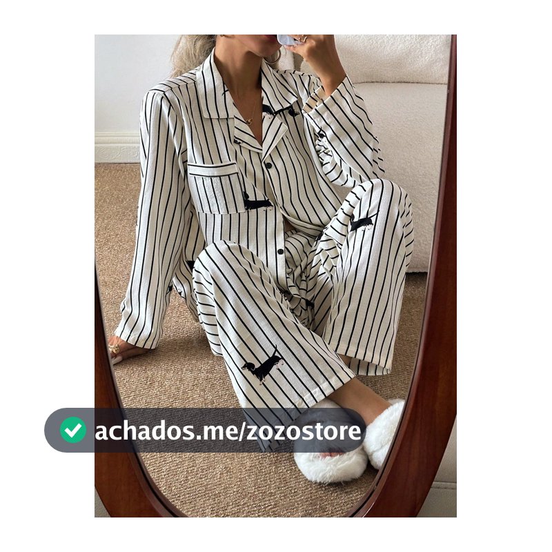 SHEIN Casual Underwear&Sleepwear Conjunto de Pijama Feminino Casual de Manga Longa com Estampa de Listras e Cachorro em Tecido Texturizado, Roupas de Outono e Inverno