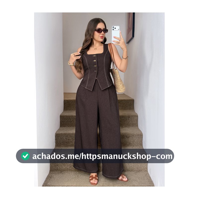Easowa Curve Conjunto de Colete e Calça Plus Size Formal Brunch Marrom Verão Casual Folgado