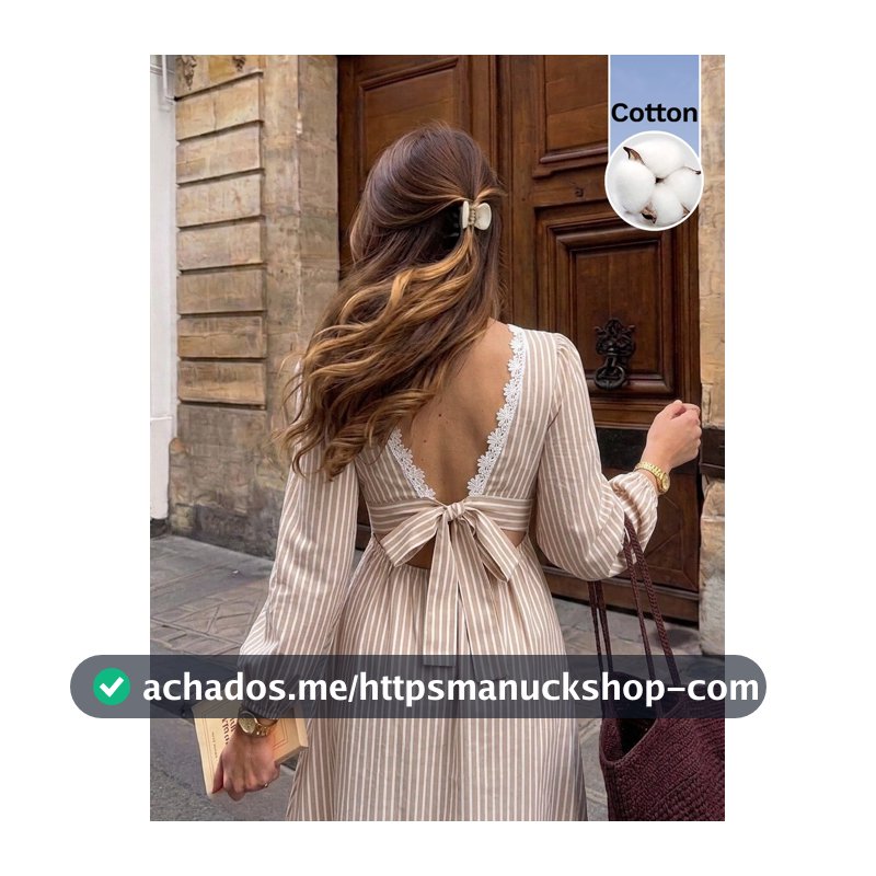 Serisse Vestido Longo Elegante Feminino com Renda Contrastante nas Costas e Design Listrado