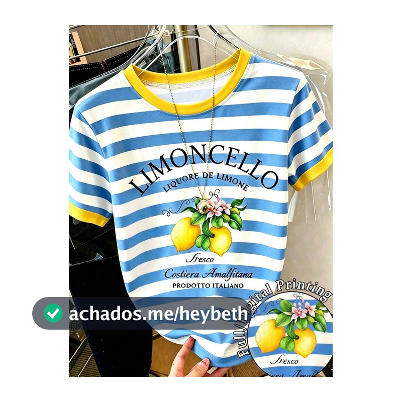 Camiseta Feminina Casual de Manga Curta com Gola Redonda, Estampa Gráfica de Limão Limoncello com Listras Amarelas e Contraste de Cores, Verão