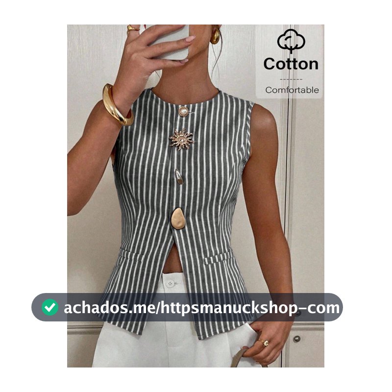 Siren Gaze Regata Casual de Verão Feminina com Listras e Botões à Frente para Uso Diário