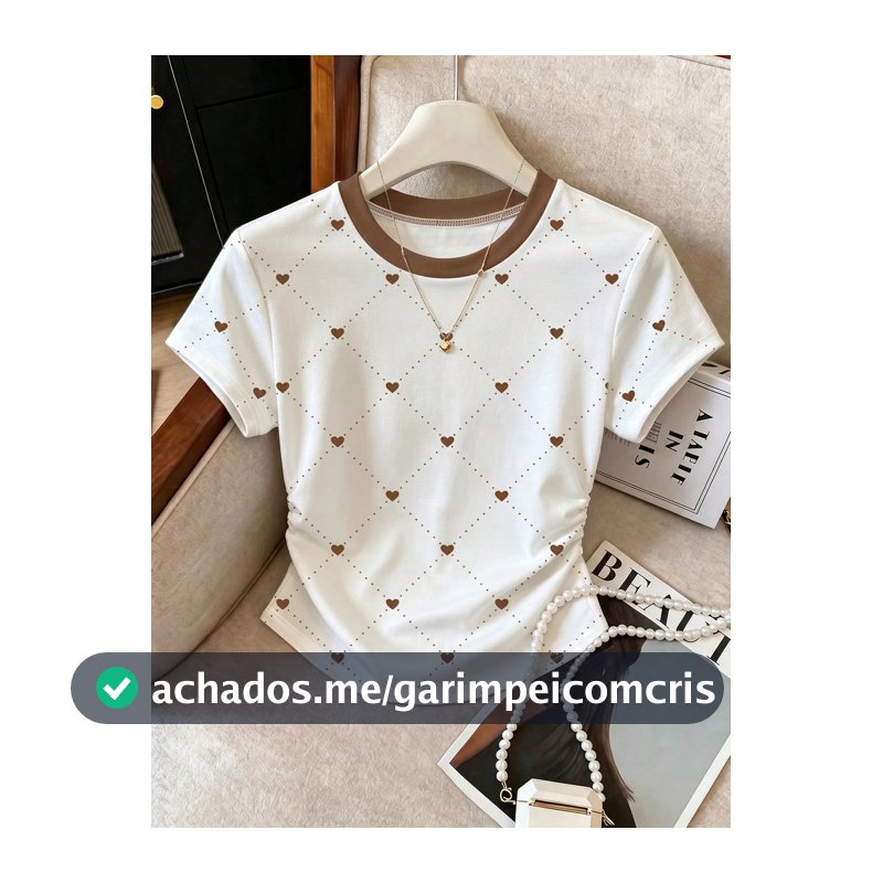 Franclia Camiseta Feminina, Top de Passeio de Verão, Bloco de Cor Marrom e Branco, Padrão Minimalista de Coração com Impressão Total, Design Gráfico, Ajuste Slim, Elegante Único, Casual Versátil, Uso Diário, Tecido Confortável