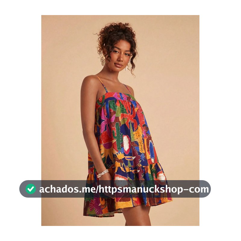 Travachic Vestido Mini de Férias com Estampa Tropical, Praia, Brunch, Azul Marinho, Verão, Boho Tropical