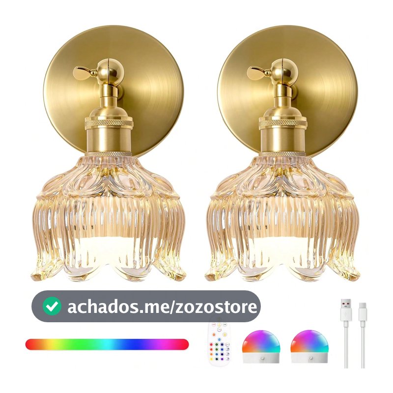 Luminária de Parede Alimentada por Bateria Vintage, Luz Sem Fio Recarregável e Regulável com Controle Remoto, Lâmpada Ajustável de 15 Cores, Luminária de Parede com Vidro Floral - Iluminação de Instalação Sem Fio para Quarto, Sala de Estar, Corredor