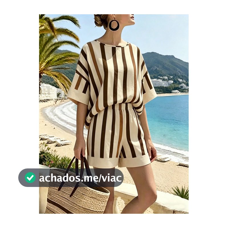 Ceyna Conjunto Casual de 2 Peças Feminino Plus Size, Moda Minimalista, Gola Redonda, Bege, para Férias na Praia e Verão