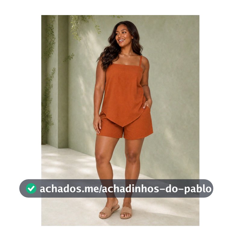 ELLERISSA Conjunto de Camiseta e Shorts Laranja Queimado Semelhante a Linho em Plus Size