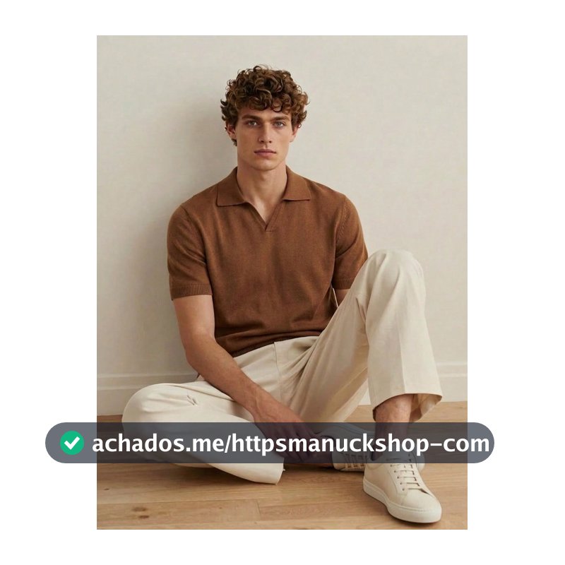 Manfinity CityGents Top Polo de Malha Marrom Café Masculina, Top de Malha Canelada Casual de Verão para Trabalho com Manga Curta e Gola V, Jersey com Botões para o Dia a Dia