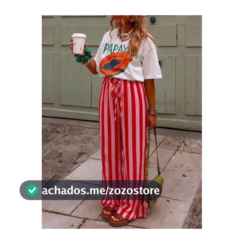 Calça Perna Larga Casual Fluida Listrada Vermelho & Rosa para Férias na Praia
