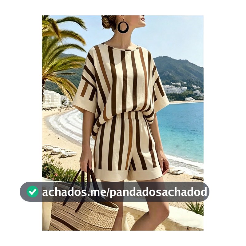 Ceyna Conjunto Casual de 2 Peças Feminino Plus Size, Moda Minimalista, Gola Redonda, Bege, para Férias na Praia e Verão