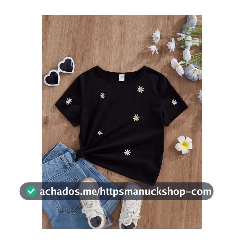 SHEIN Blusa De Manga Curta Com Estilo Vintage E Solta Para Meninas Adolescentes, Estilo Palaciano, Gola Redonda E Estampa Floral