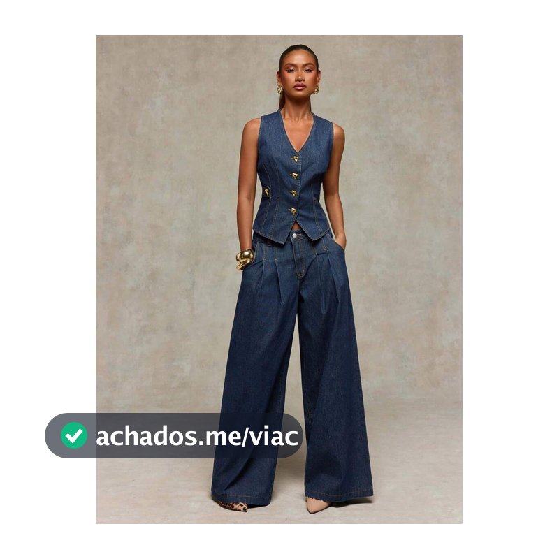 Normani Conjunto Casual de Denim com Colete de Metal com Decote em V e Botão Único e Calça Pantalona para Mulheres