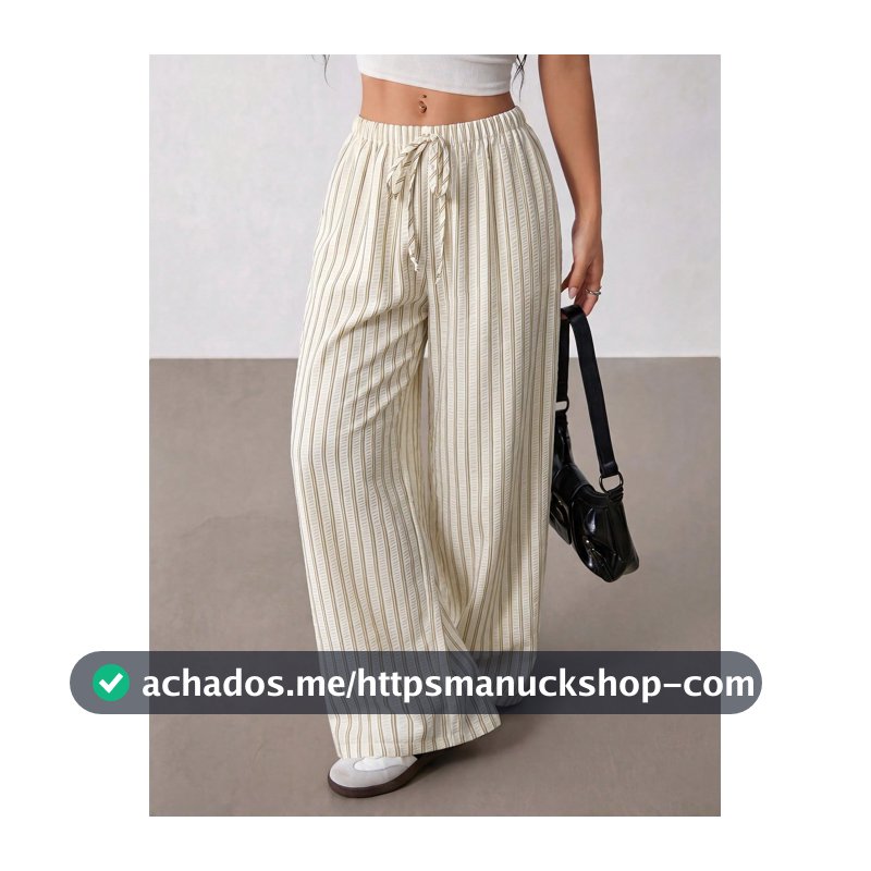 SHEIN PETITE Calça Casual Solta com Estampa Listrada e Nó para Mulheres, Mulheres Pequenas