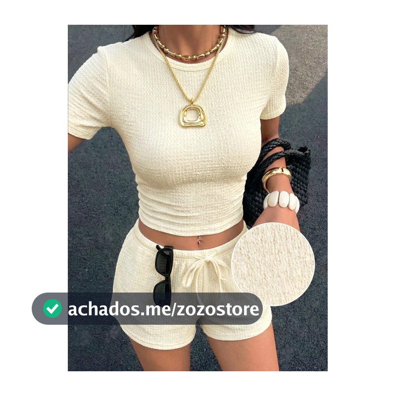 SHEIN EZwear Conjunto Casual de Camiseta de Manga Curta de Gola Redonda Minimalista e Shorts com Cordão na Cintura em Tricô Cor de Damasco para Mulheres