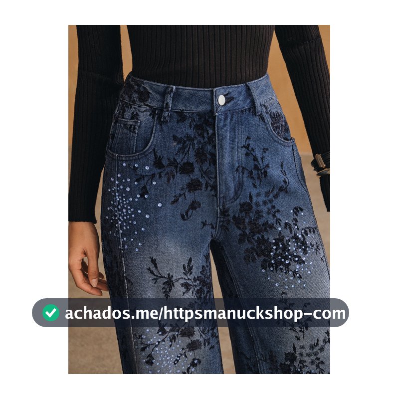 Anewsta Calça Denim Feminina Elegante Vintage Azul Floral Jacquard com Strass e Patchwork Perna Reta Outono/Inverno