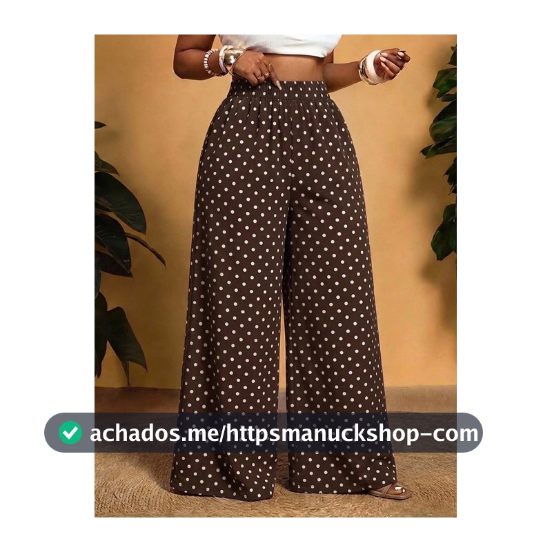 Veslaya 2026 Primavera/Verão Nova Chegada Calça Feminina Plus Size Solta Extra Longa com Estampa de Bolinhas Marrons para Férias, Casual, Streetwear, Praia, , Festa de Fogueira
