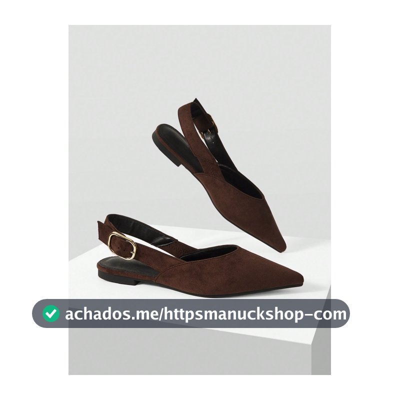 Mnmlis Sapatos de Bico Fino Preto Brilhante Sem Parte Traseira, Sandálias Baixas de Salto Baixo com Decoração de Fivela Dourada para Uso Diário