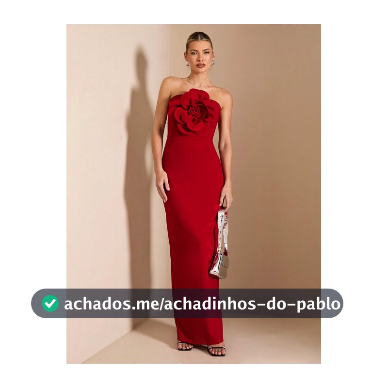 SHEIN BAE Vestido Longo Vermelho Sólido Sem Mangas Feminino, Elegante e Sexy com Decoração Romântica de Flor 3D, Adequado para Cerimônia de Formatura, Festa de Coquetel, Encontro Romântico, Camadas de Inverno, Festa, Evento Formal, Halloween, Natal, Vestido de Férias na Praia de Verão, Vestido Elega...