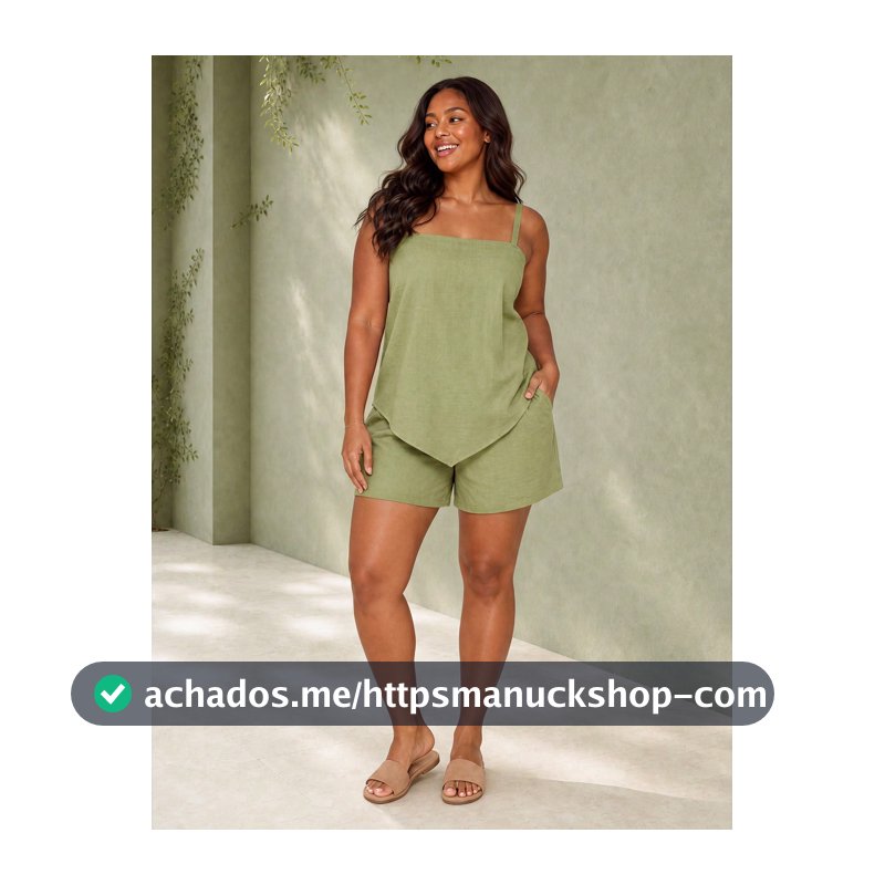 ELLERISSA Conjunto de Regata e Shorts em Linho Verde Plus Size