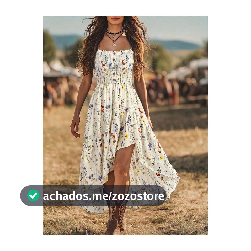 SHEIN LUNE Vestido Midi Boêmio Estampado com Flores para Mulheres, Casual, de Férias, com Parte da Frente Curta, Parte de Trás Longa e Cintura Franzida