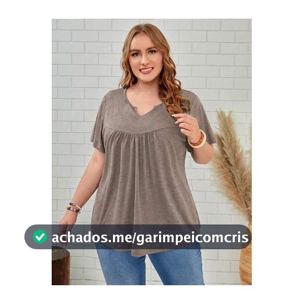 EMERY ROSE Camiseta Plus Size de Verão Casual Elegante Tradicional Cor Sólida Decote Entalhado Manga Curta Formal Roupa de Casa Férias Cinza