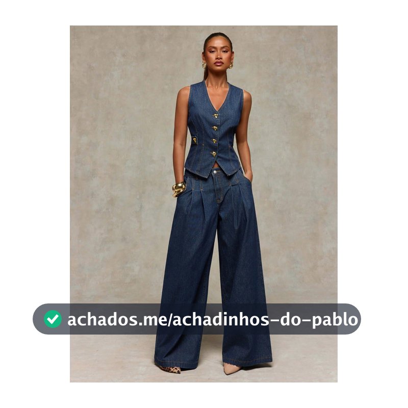 Normani Conjunto Casual de Denim com Colete de Metal com Decote em V e Botão Único e Calça Pantalona para Mulheres
