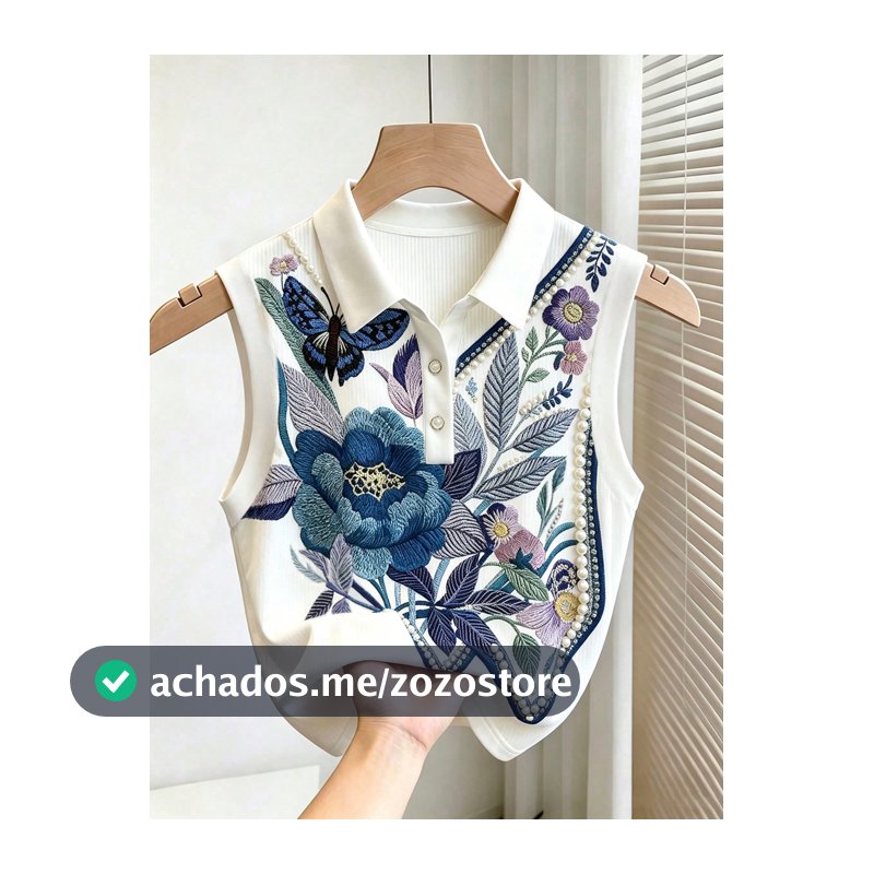 Franclia Top Feminina Casual Versátil para Uso Diário com Estampa de Bordado Floral e Decoração de Pérolas Falsas