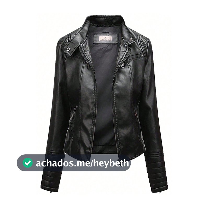 Jaqueta de Motocicleta Feminina Primavera/Outono, Jaqueta de Couro Preta com Zíper e Múltiplos Bolsos para Uso Externo