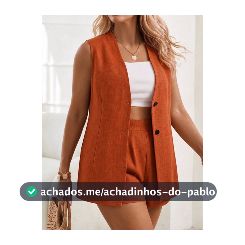 Ceyna Conjunto Casual Feminino Plus Size para Dia dos Professores, Cor Sólida, Tecido Texturizado, Sem Mangas, com Botões na Frente, Shorts com Cintura Franzida, Laranja Queimado, para Brunch