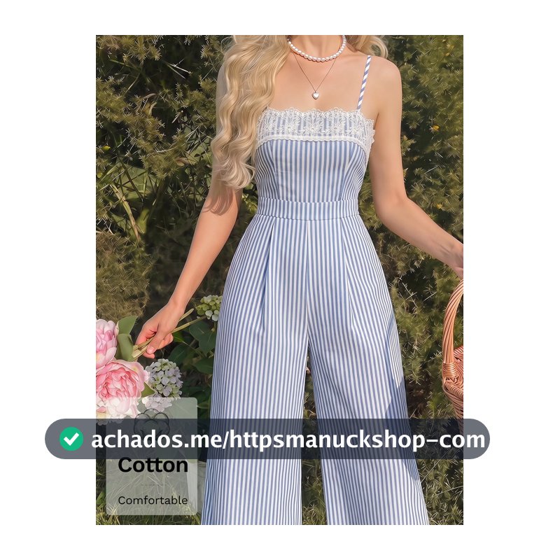 Skyraze Macacão Camisole Feminino Azul Claro com Patchwork de Renda Plissado, Casual Elegante para o Dia a Dia, Volta às Aulas, Campus, Férias de Verão, Halloween