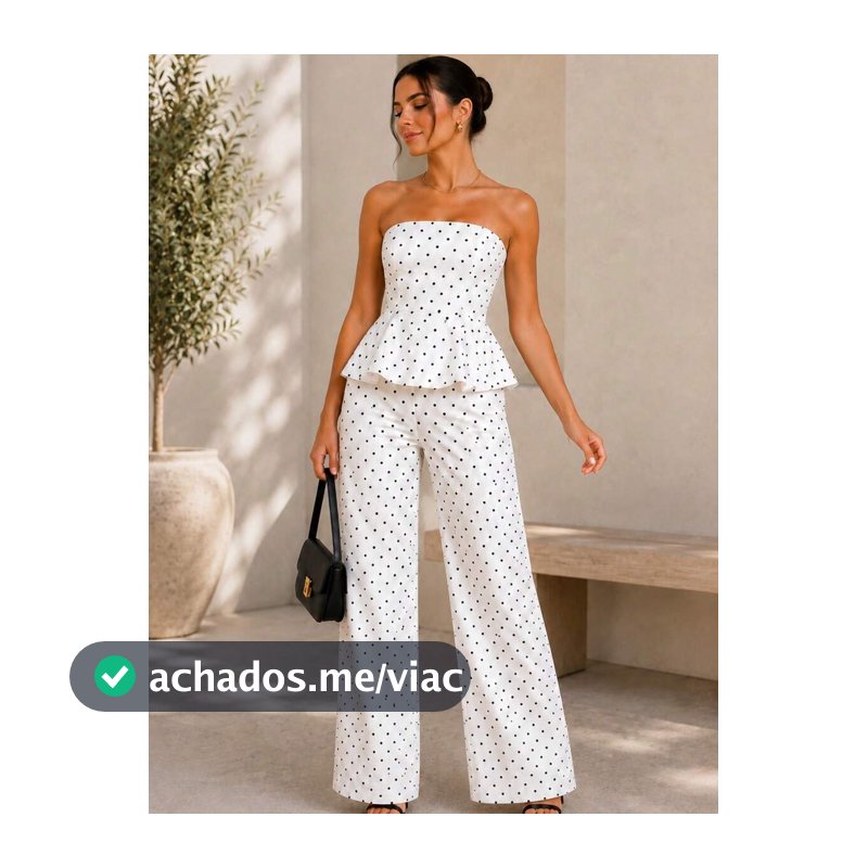 Conjunto Feminino Tomara que Caia com Peplum e Calça Pantalona Poá Bolinha Estampa Listrada Verão Ano Novo Natal