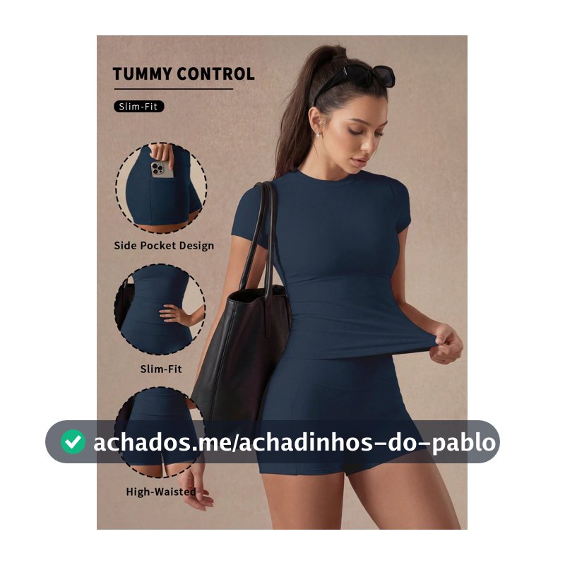 6pecil 2 Peças Conjunto Esportivo Azul, Camiseta de Gola Redonda de Cor Sólida & Shorts Esportivos de Cintura Alta com Bolsos, Athleisure de Verão
