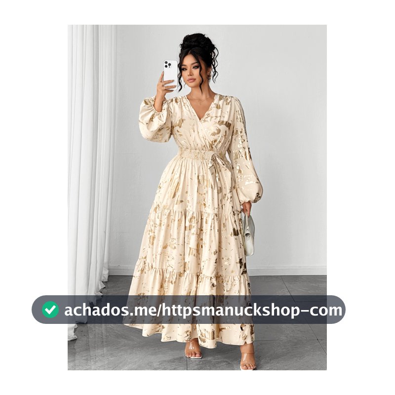 Elenzga Vestido Elegante de Manga Longa com Decote em V e Amarração Frontal em Tecido com Estampa Dourada para Mulheres Plus Size, para Passeios, Reuniões e Festas