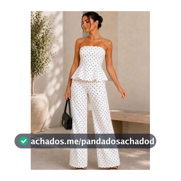 Conjunto Feminino Tomara que Caia com Peplum e Calça Pantalona Poá Bolinha Estampa Listrada Verão Ano Novo Natal