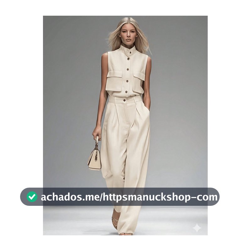 Conjunto Feminino de Moda Primavera/Verão Cor Sólida, Top Sem Mangas com Gola Alta + Calça Perna Larga 2 Peças Elegante
