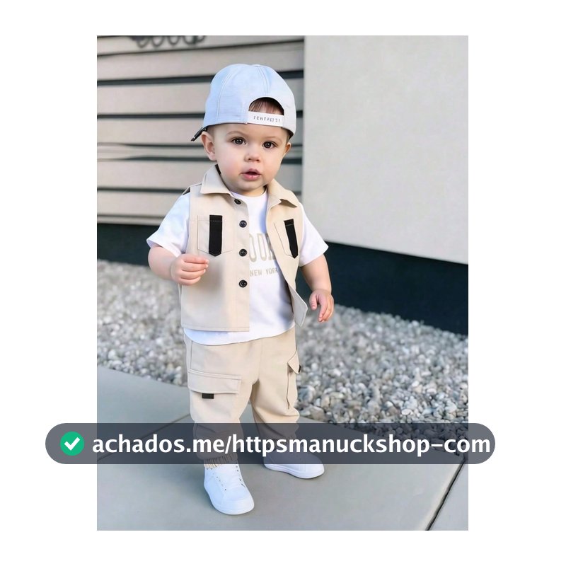 SHEIN Conjunto de Colete com Bolso Cargo para Menino Bebê com Camiseta de Manga Curta com Estampa de Letra e Calça Cargo Casual, Moda Versátil e Confortável, Adequado para Uso Interno e Externo no Verão