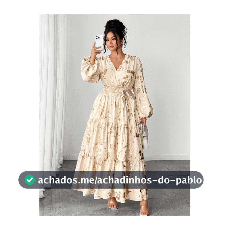 Elenzga Vestido Elegante de Manga Longa com Decote em V e Amarração Frontal em Tecido com Estampa Dourada para Mulheres Plus Size, para Passeios, Reuniões e Festas