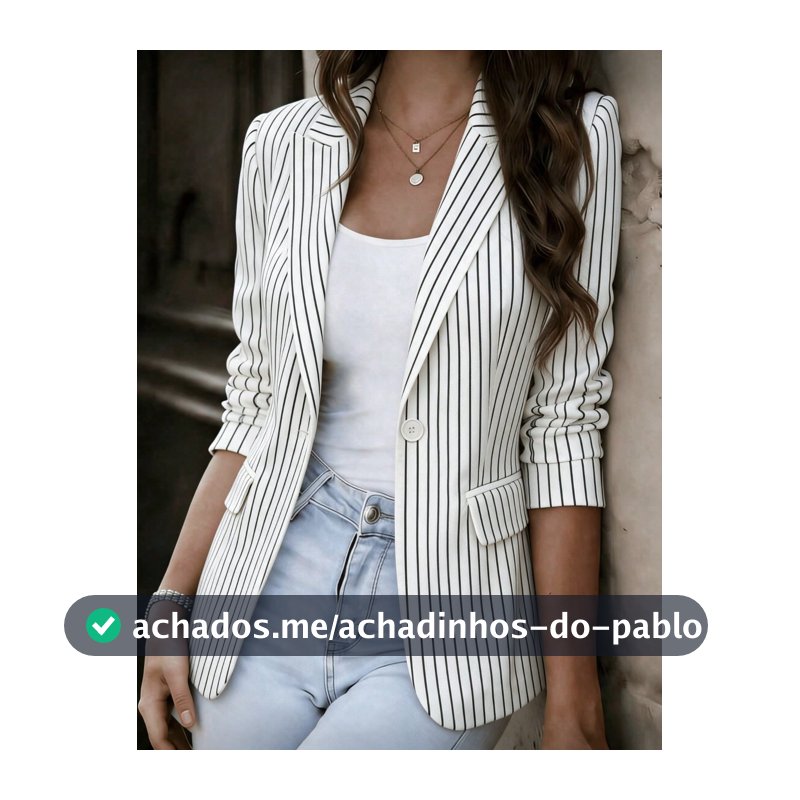 Blazer Feminino Estampado Listrado, Lapela Entalhada, Botão Frontal, Bolso, Manga Longa, Adequado para Escritório, Casa, Uso Diário, Primavera, Outono, Inverno, Todas as Estações