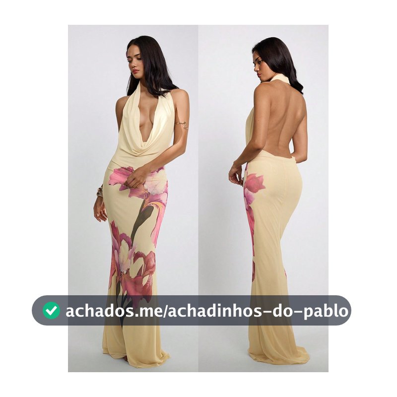 Aloruh Vestido Halter Sexy Costas Nuas com Estampa Bordada Floral, Amarelo, para Uso em Resort