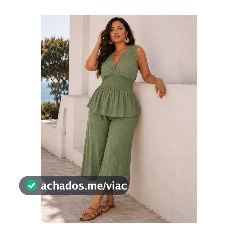 ELLERISSA Conjunto de Top com Decote em V e Cintura Franzida Verde e Calça Pantalona Plus Size