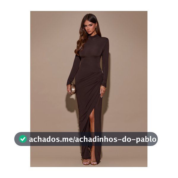 SHEIN BAE Vestido Longo de Manga Comprida com Gola Alta Franzida e Fenda Alta, Ajustado ao Corpo, Marrom Escuro, para Outono/Inverno, Festa Noturna de Ação de Graças, Natal e Ano Novo