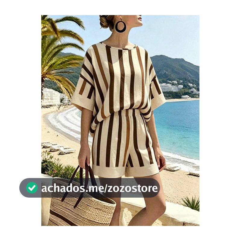Ceyna Conjunto Casual de 2 Peças Feminino Plus Size, Moda Minimalista, Gola Redonda, Bege, para Férias na Praia e Verão