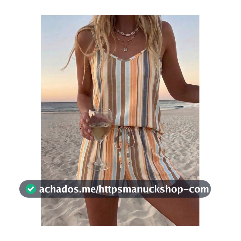 SHEIN LUNE Conjunto de 2 Peças Feminino Minimalista com Top Regata Decote em V Listrado e Shorts com Cordão na Cintura, Adequado para o Verão