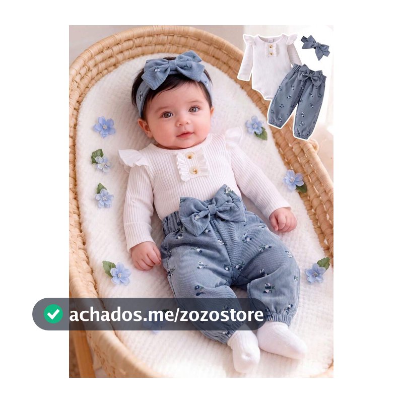 Conjunto de Bodysuit de Manga Longa com Manga Borboleta em Cor Sólida e Calça Floral Miúdo com Cintura Elástica e Laço Decorativo